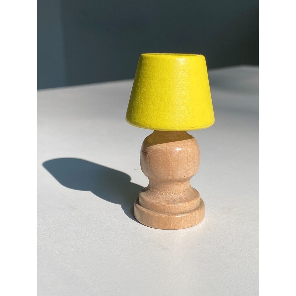 Vintage Hand made Doll House Miniature 2.5" Wooden Lamp w Yellow Shade